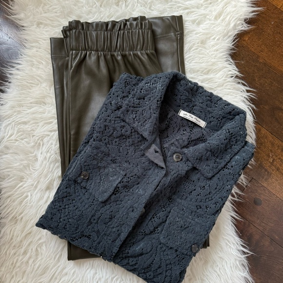 Anthro olive faux leather pant wide leg lounge pant trouser style elastic waist - Picture 4 of 11